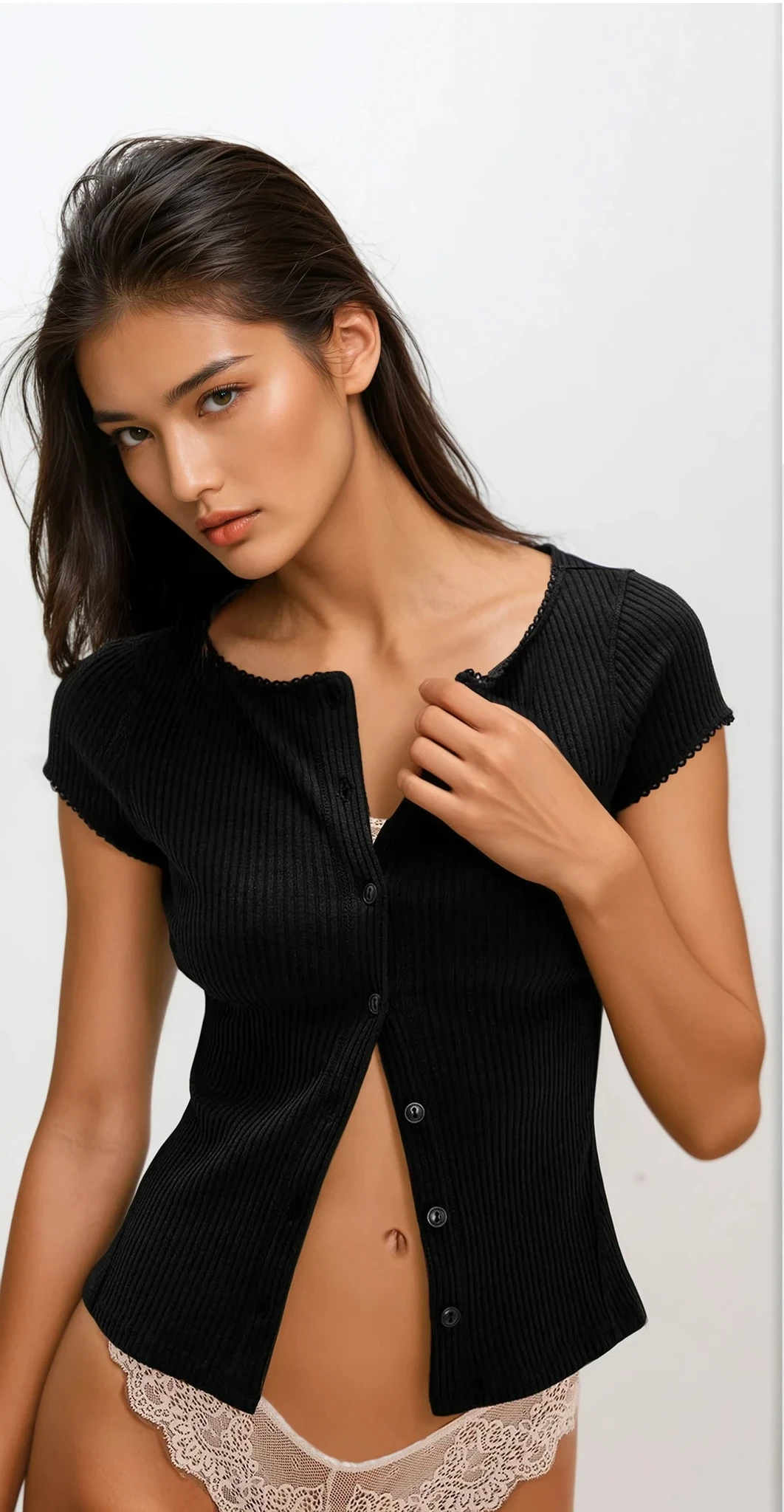 Ribbed Round Neck Button Up Short Sleeve