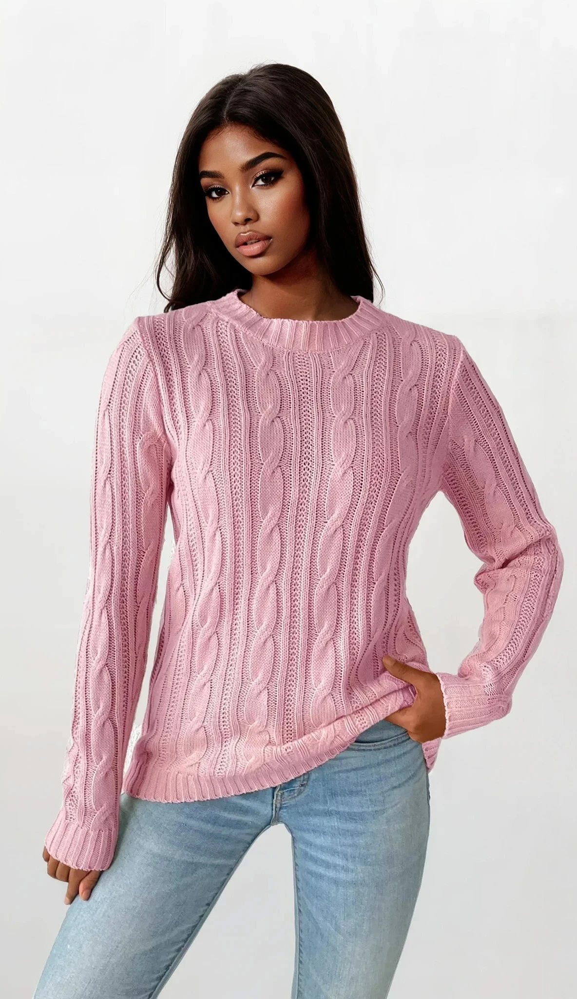 Light gray clear cable-knit crew neck sweater from Trendsi, showing the textured knit fabric and classic fit on a mannequin.
