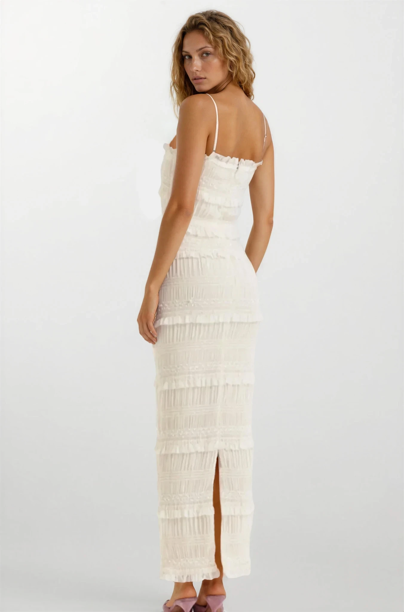 Sensual Frill Tiered Maxi Cami Dress by Trendsi, featuring ruffled layers and a flowing silhouette in soft fabric.