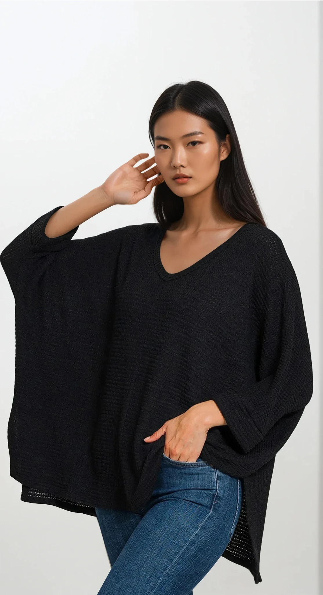 Cozy V-Neck Waffle-Knit Long Sleeve Top