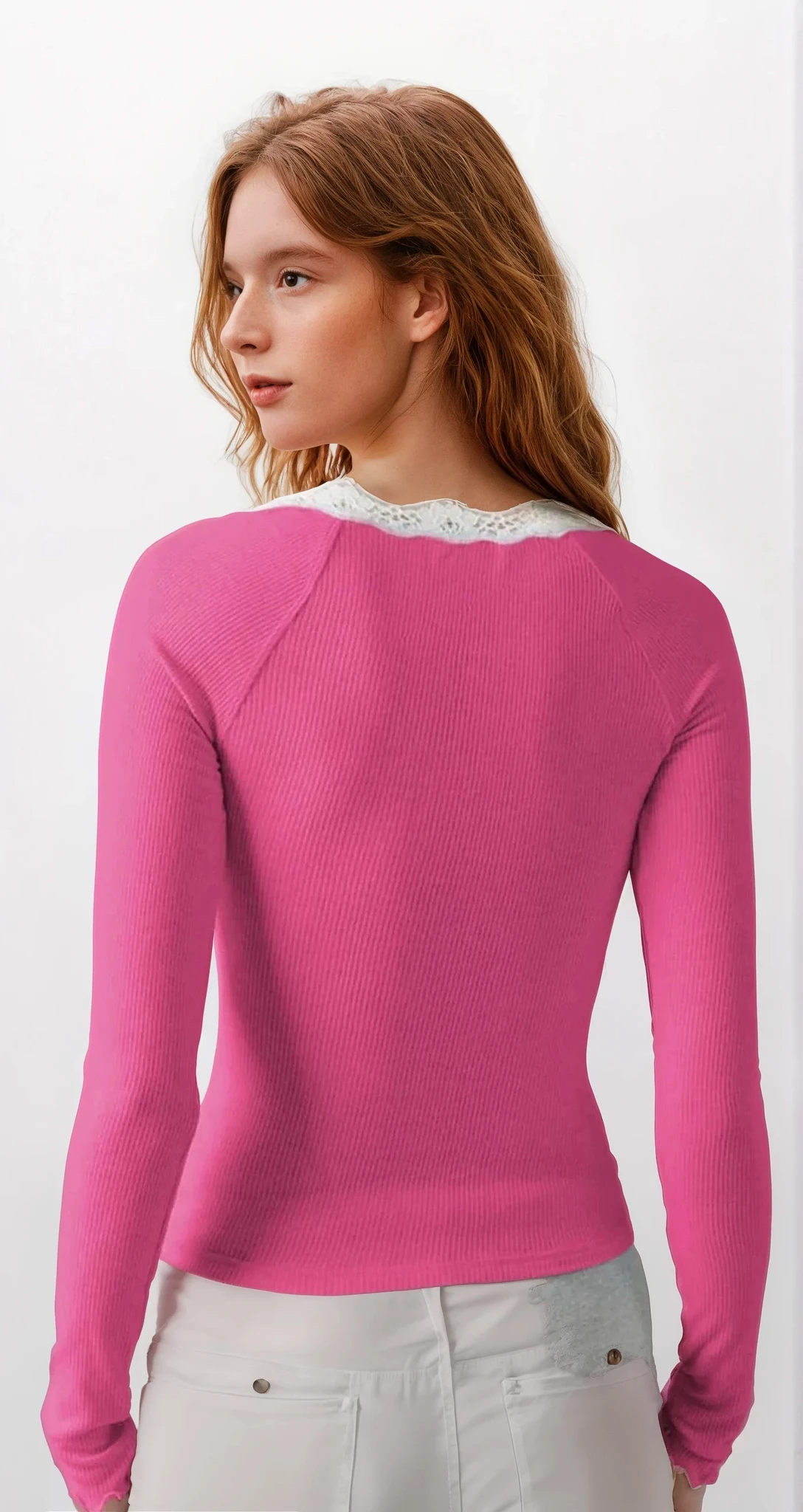 Lace Trim Scoop Neck Long Sleeve