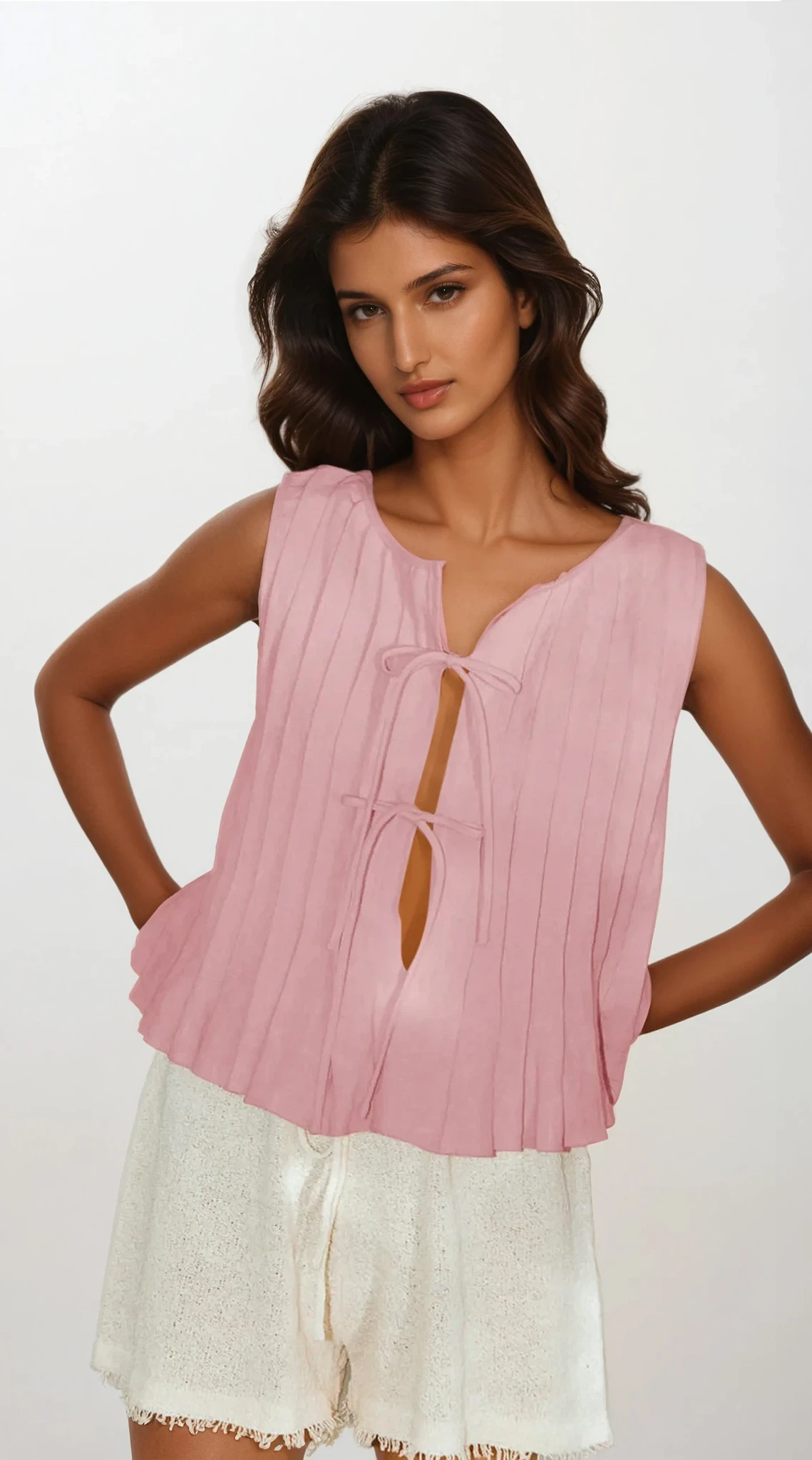 Pleated Tied Round Neck Vest
