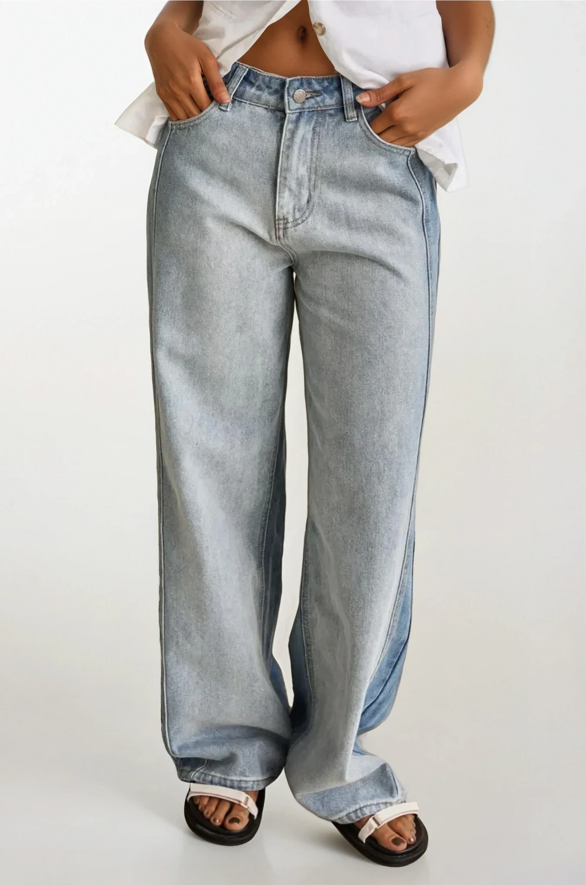 Light blue contrast straight leg jeans from Trendsi, featuring a classic fit and denim texture, displayed on a neutral background.
