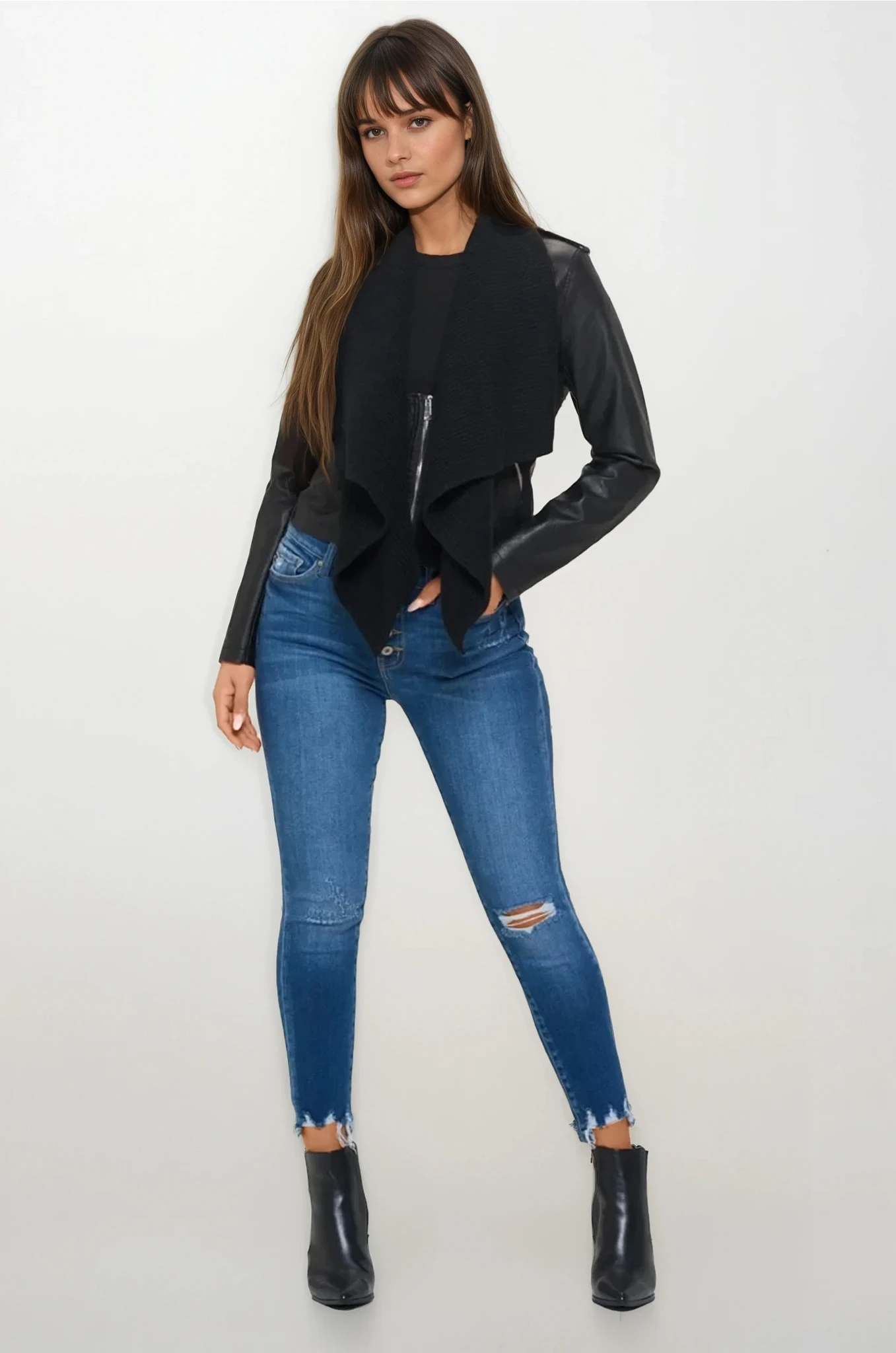 Faux Leather Knit Cropped Jacket