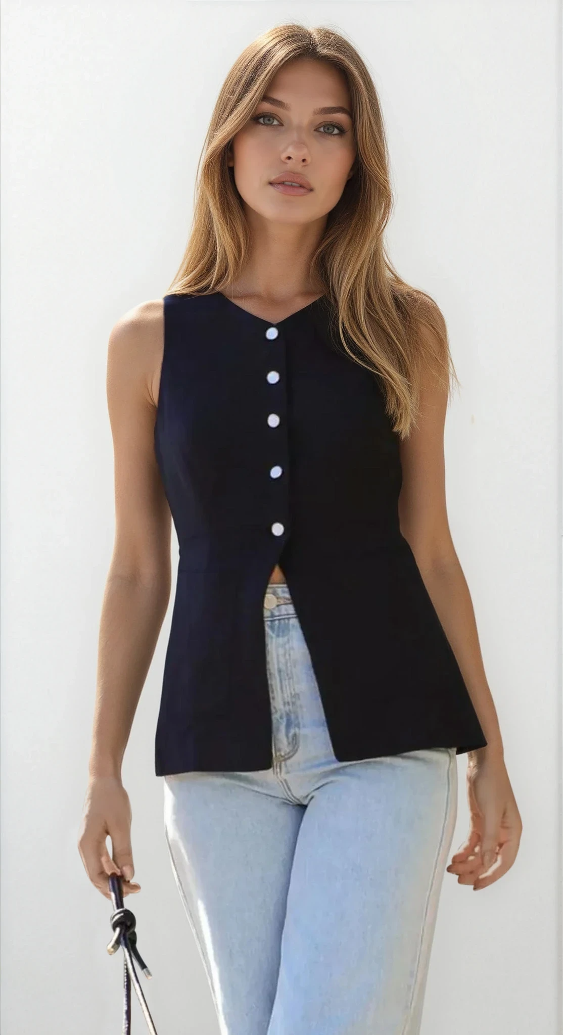 Light gray Trace Button Down V-Neck Vest by Trendsi, featuring a relaxed fit and button front, displayed on a mannequin.