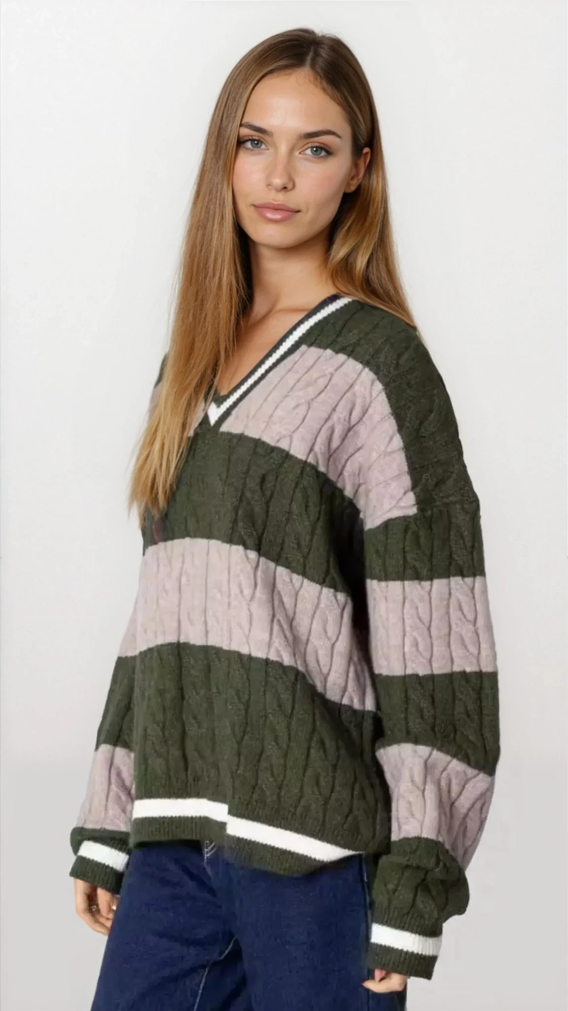 Oversized Striped Cable Knit V-Neck Sweater