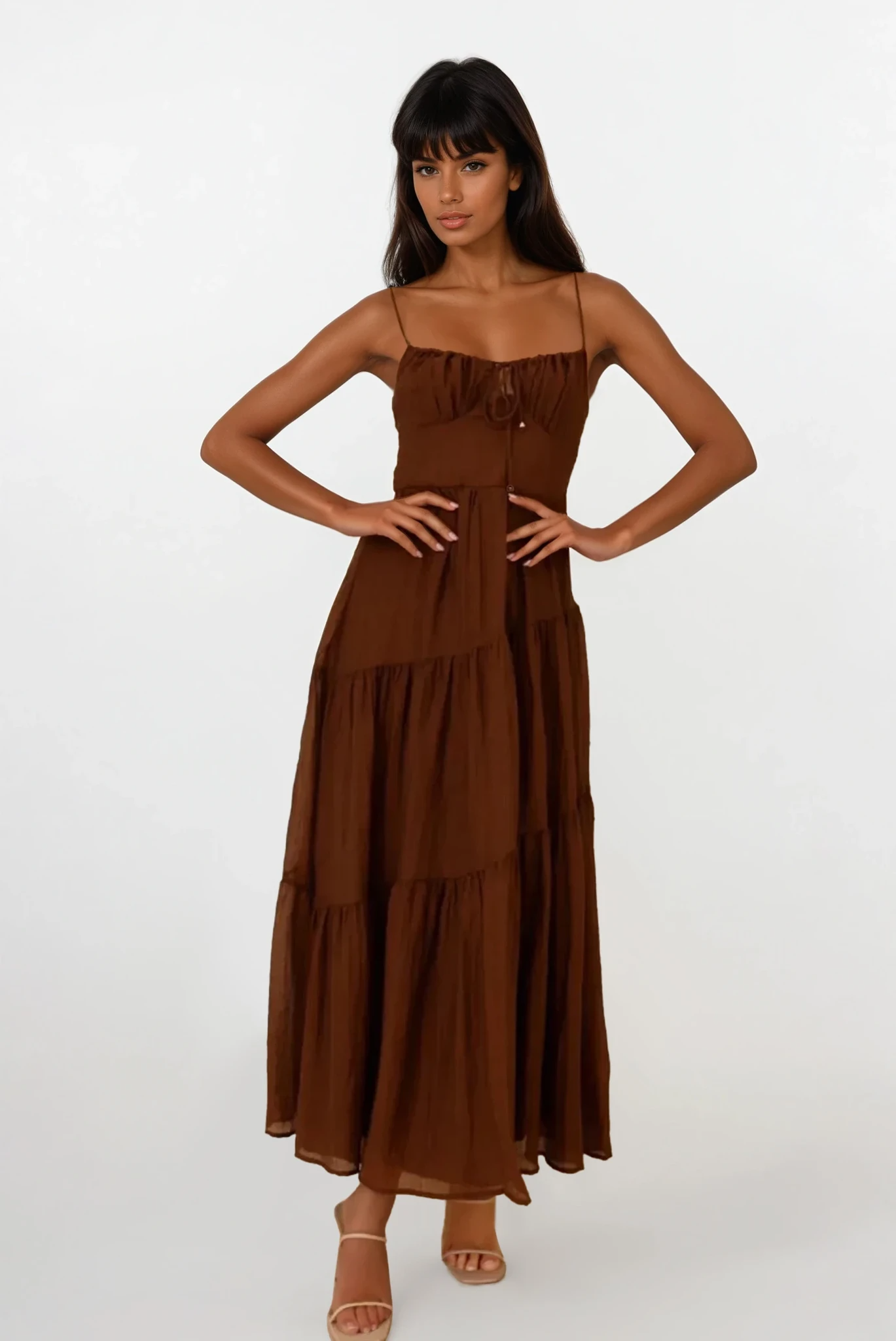 Selene Ruched Smocked Back Cami Maxi Dress by Trendsi, light-colored, sleeveless dress with fitted bodice and adjustable straps.