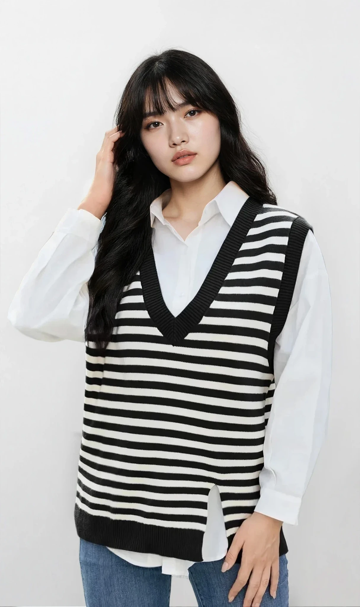 Noble Slit V-Neck Striped Sweater Vest