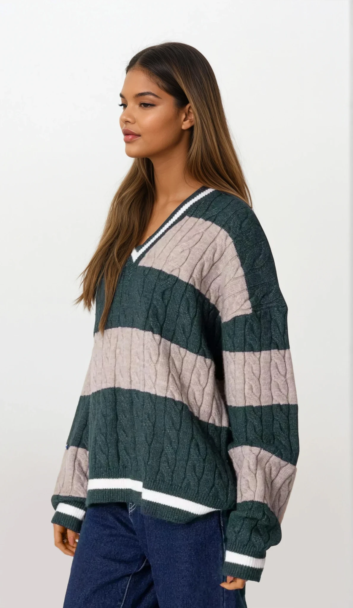 Oversized Striped Cable Knit V-Neck Sweater