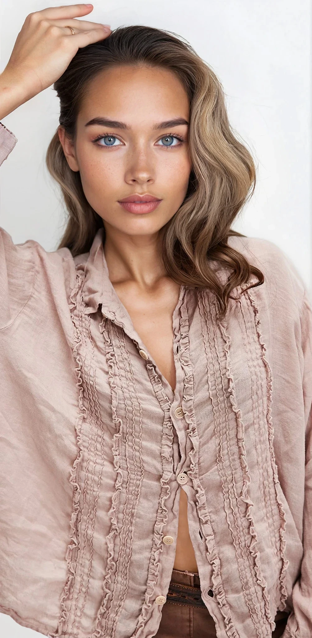 Frill Ruched Collared Neck Long Sleeve
