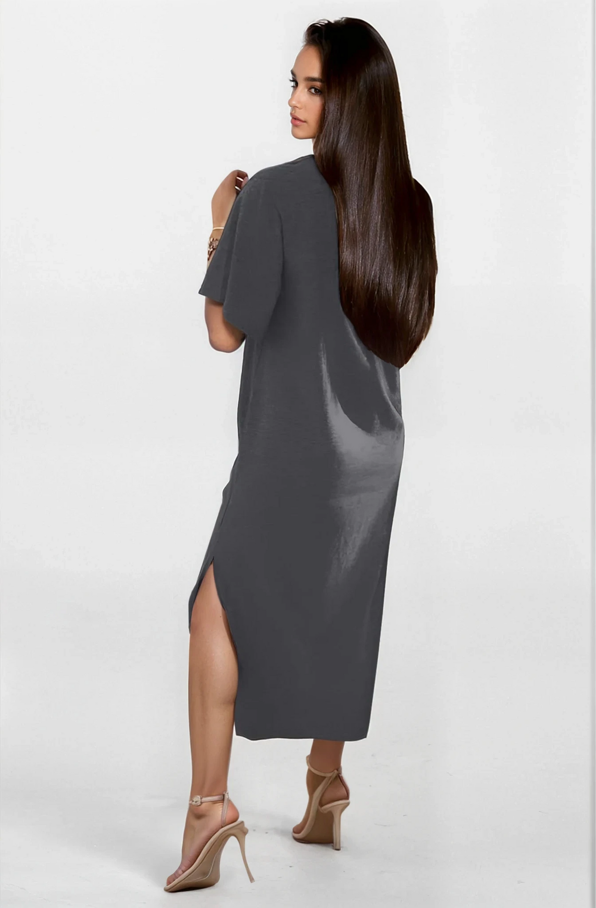 Light blue slit maxi dress with round neckline and half sleeves, stylish clothing by Trendsi, perfect for casual or summer wear.