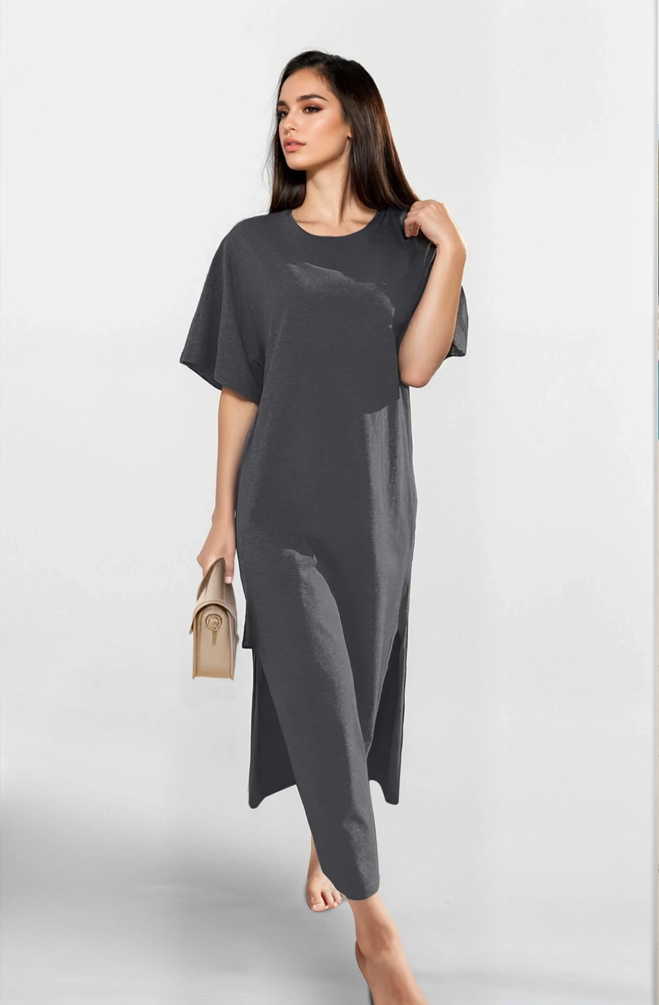 Light blue slit maxi dress with round neckline and half sleeves, stylish clothing from Trendsi featuring a relaxed fit.