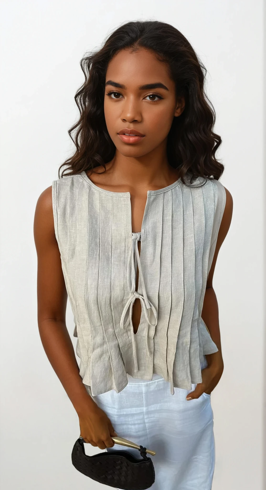 Pleated Tied Round Neck Vest
