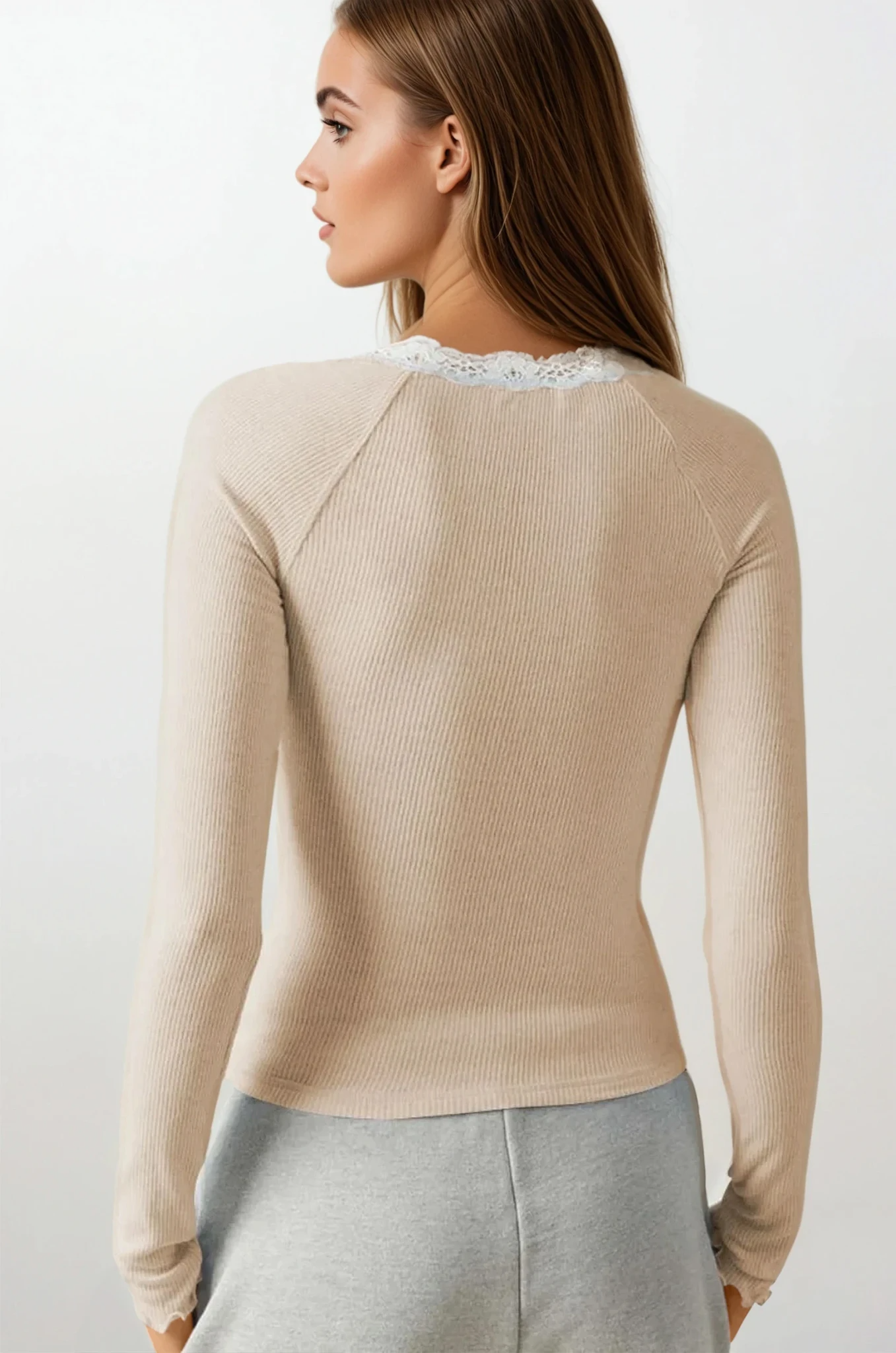Lace Trim Scoop Neck Long Sleeve
