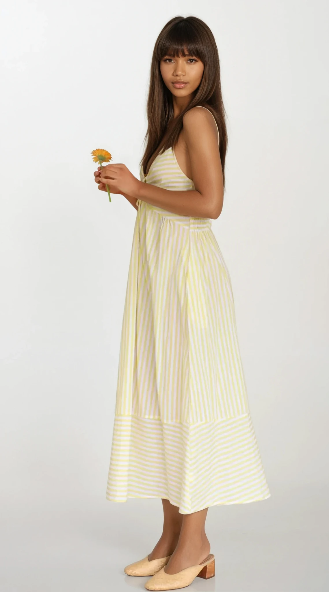 Sunset Stripe Cami Midi Dress by Trendsi featuring a flowy silhouette, vibrant sunset stripe pattern, and lightweight fabric.