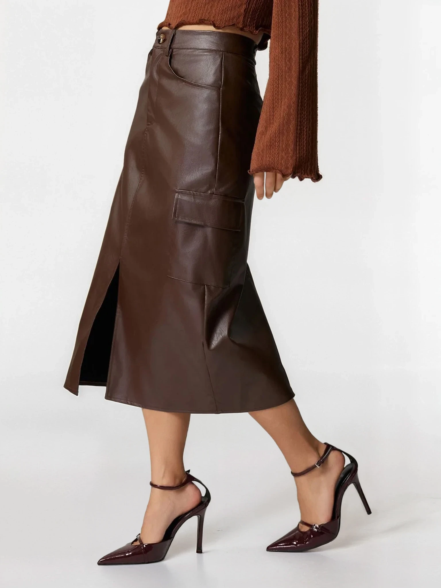 Faux Leather High-Waist Cargo Slit Midi Skirt