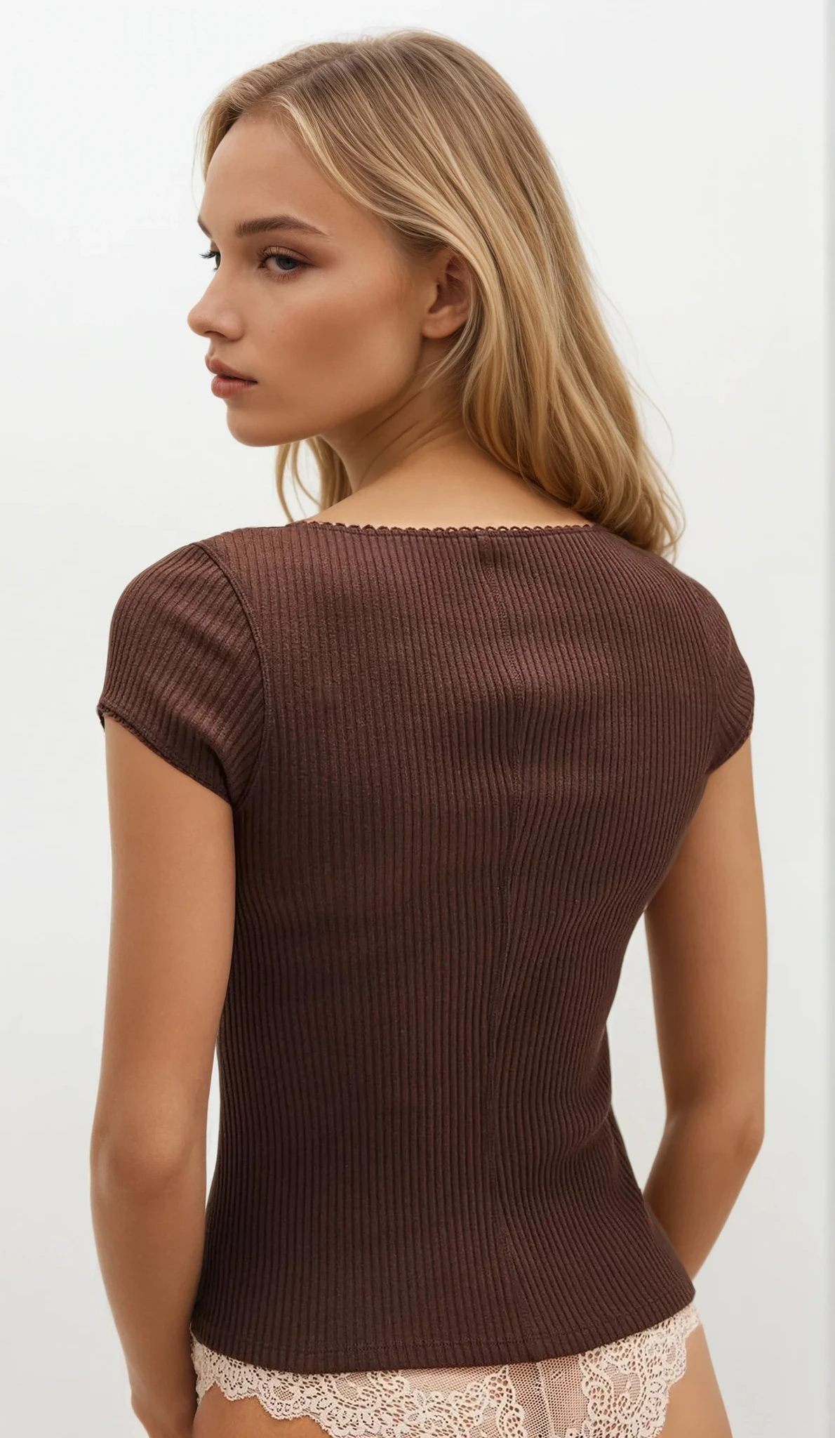 Ribbed Round Neck Button Up Short Sleeve