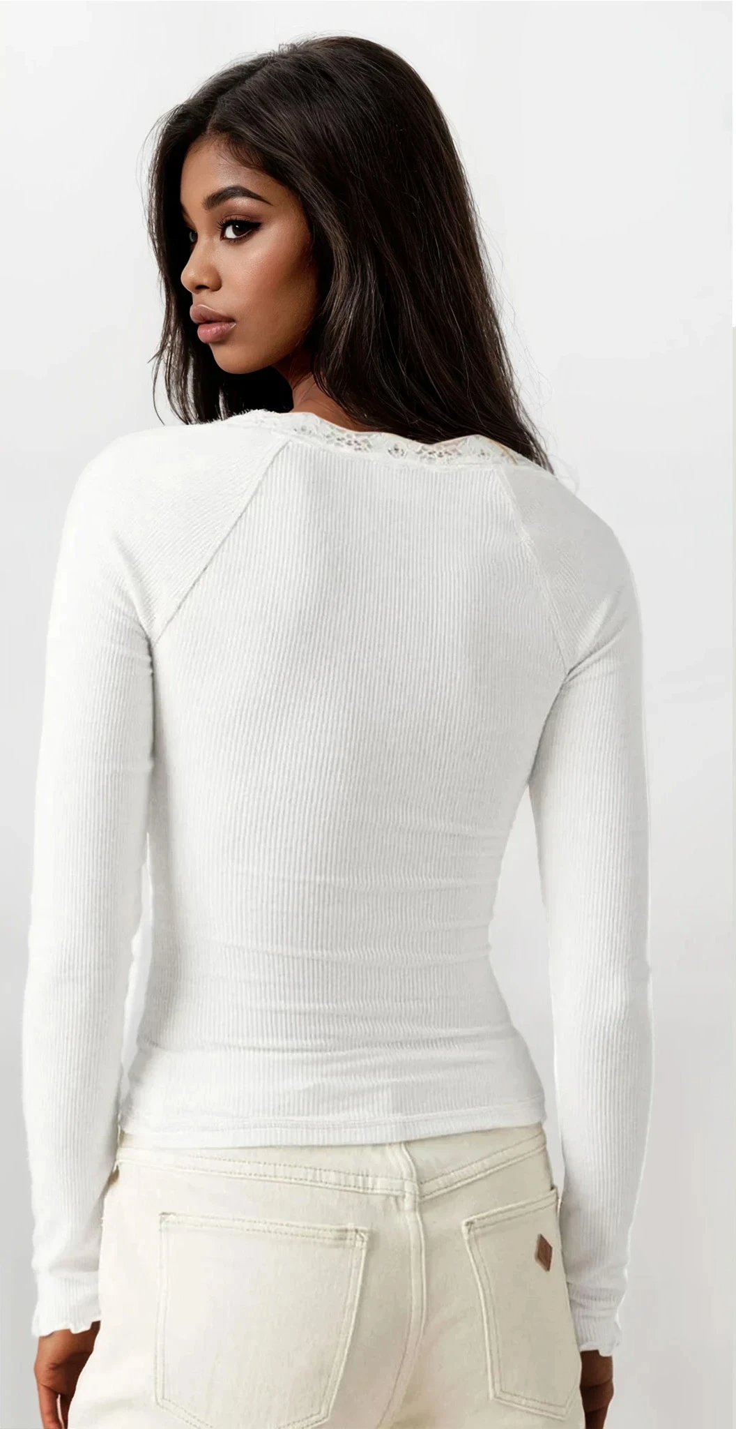 Lace Trim Scoop Neck Long Sleeve