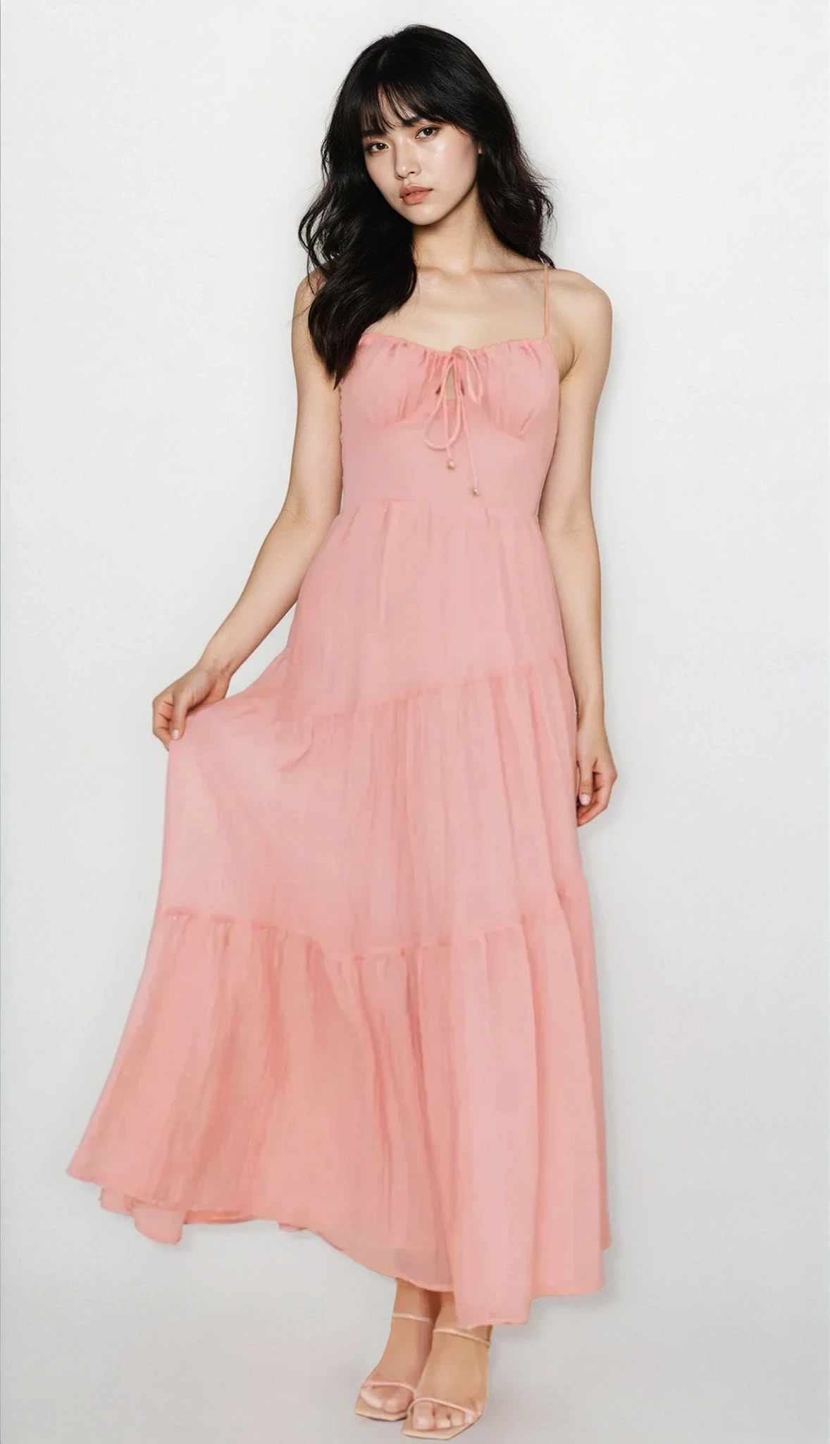 Selene Ruched Smocked Back Cami Maxi Dress in light fabric, featuring a fitted bodice and adjustable straps, perfect for casual wear.