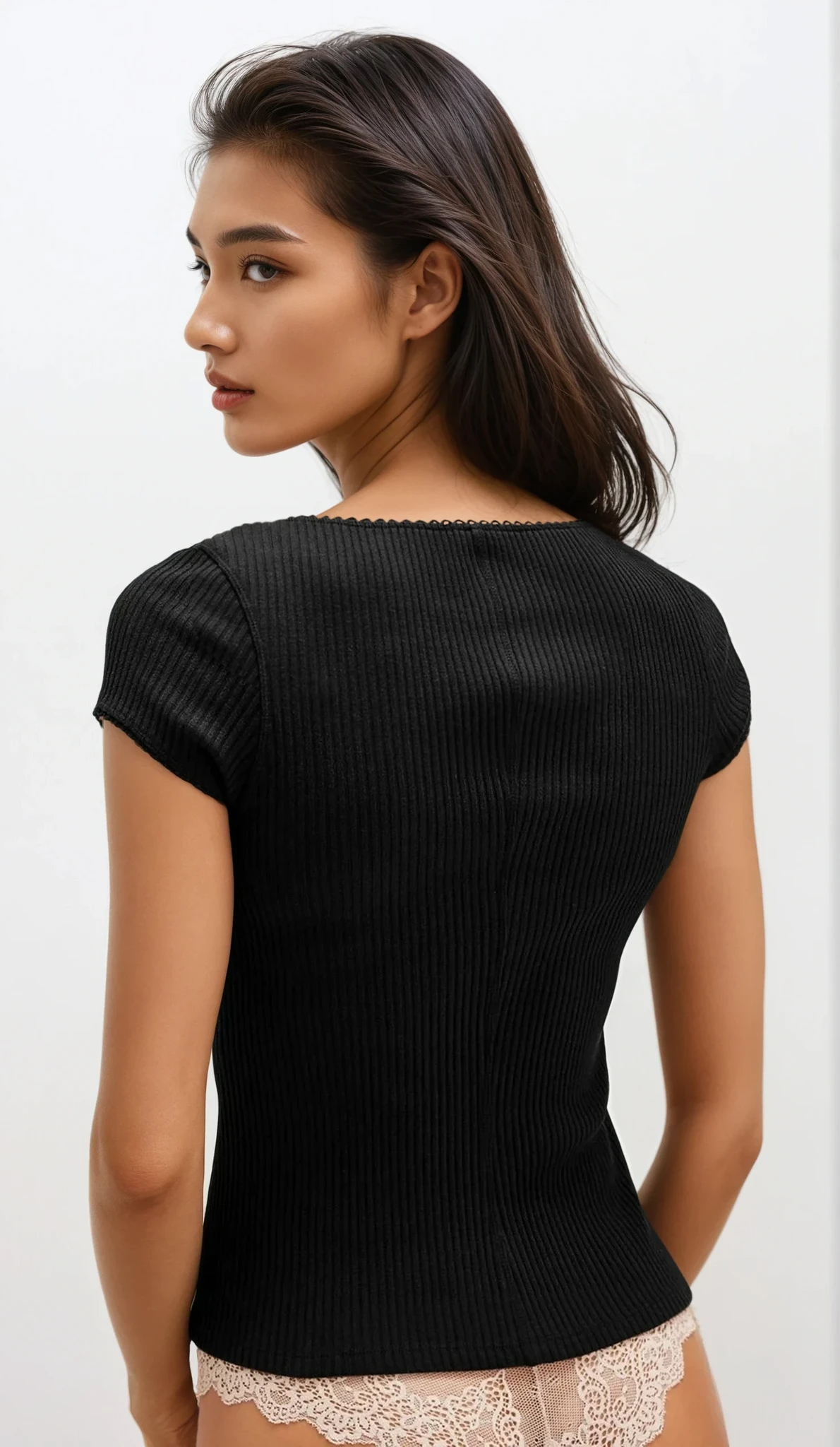 Ribbed Round Neck Button Up Short Sleeve