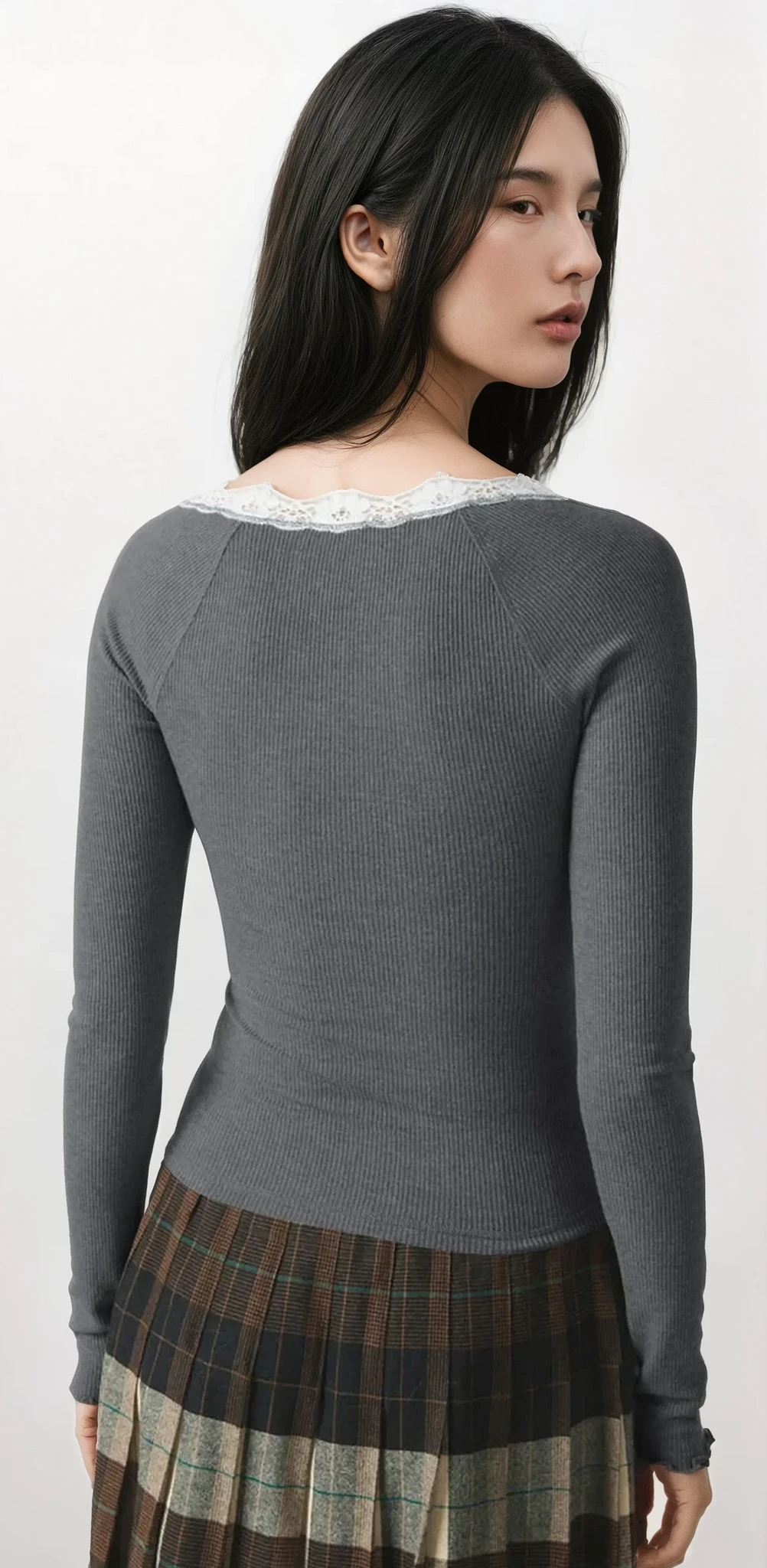 Lace Trim Scoop Neck Long Sleeve