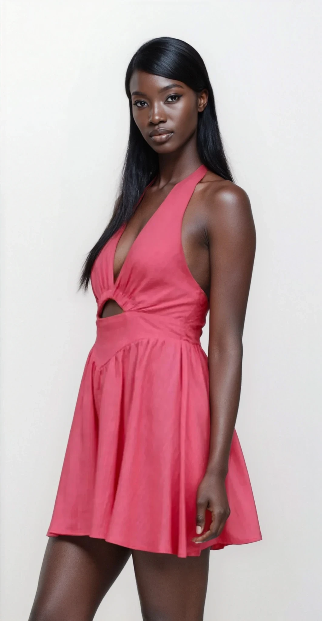Light-colored Lumina cutout halter neck mini dress from Trendsi, showcasing its stylish design and fit on a model.