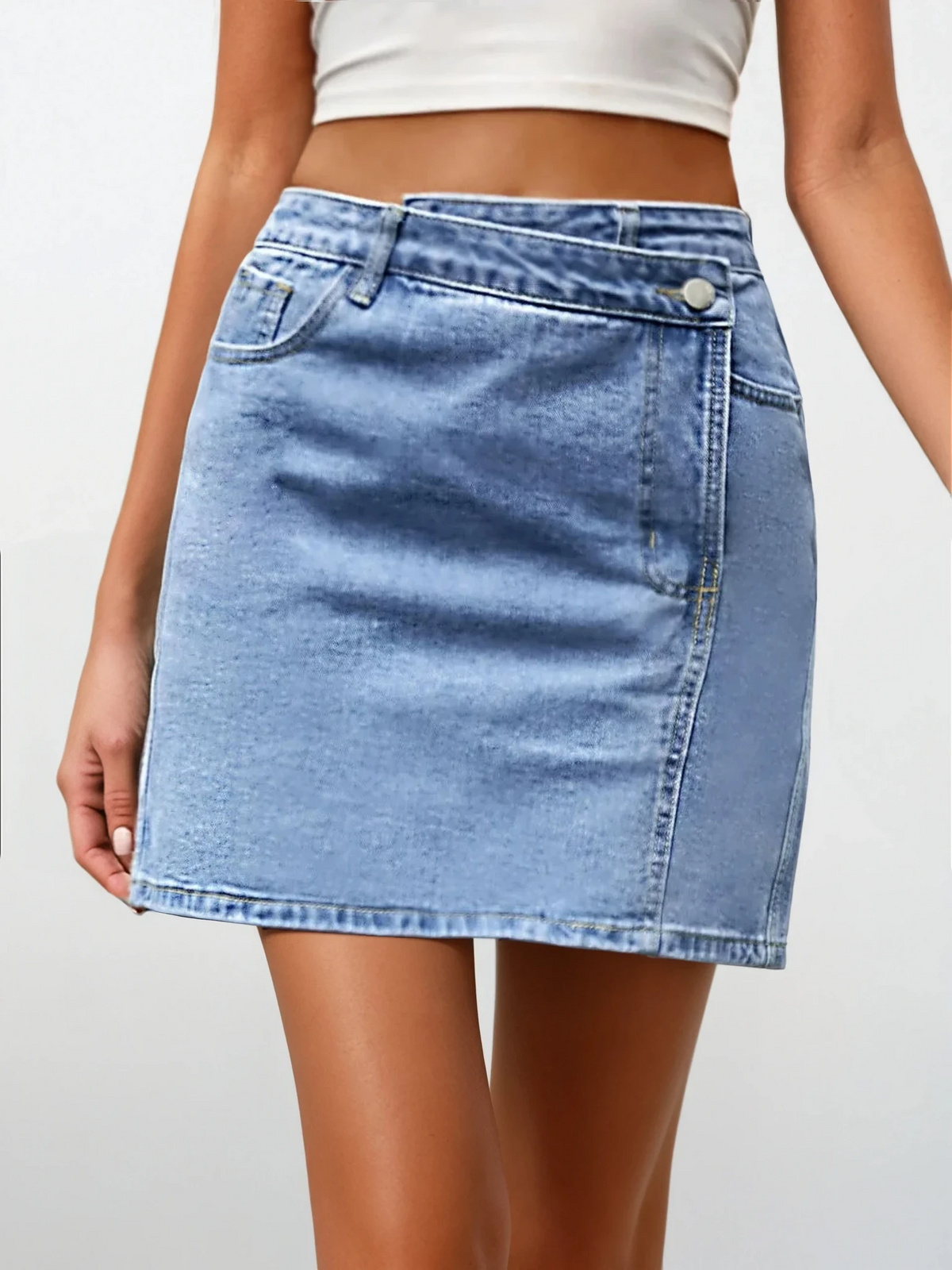 Light blue asymmetrical high-waist denim mini skirt with pockets