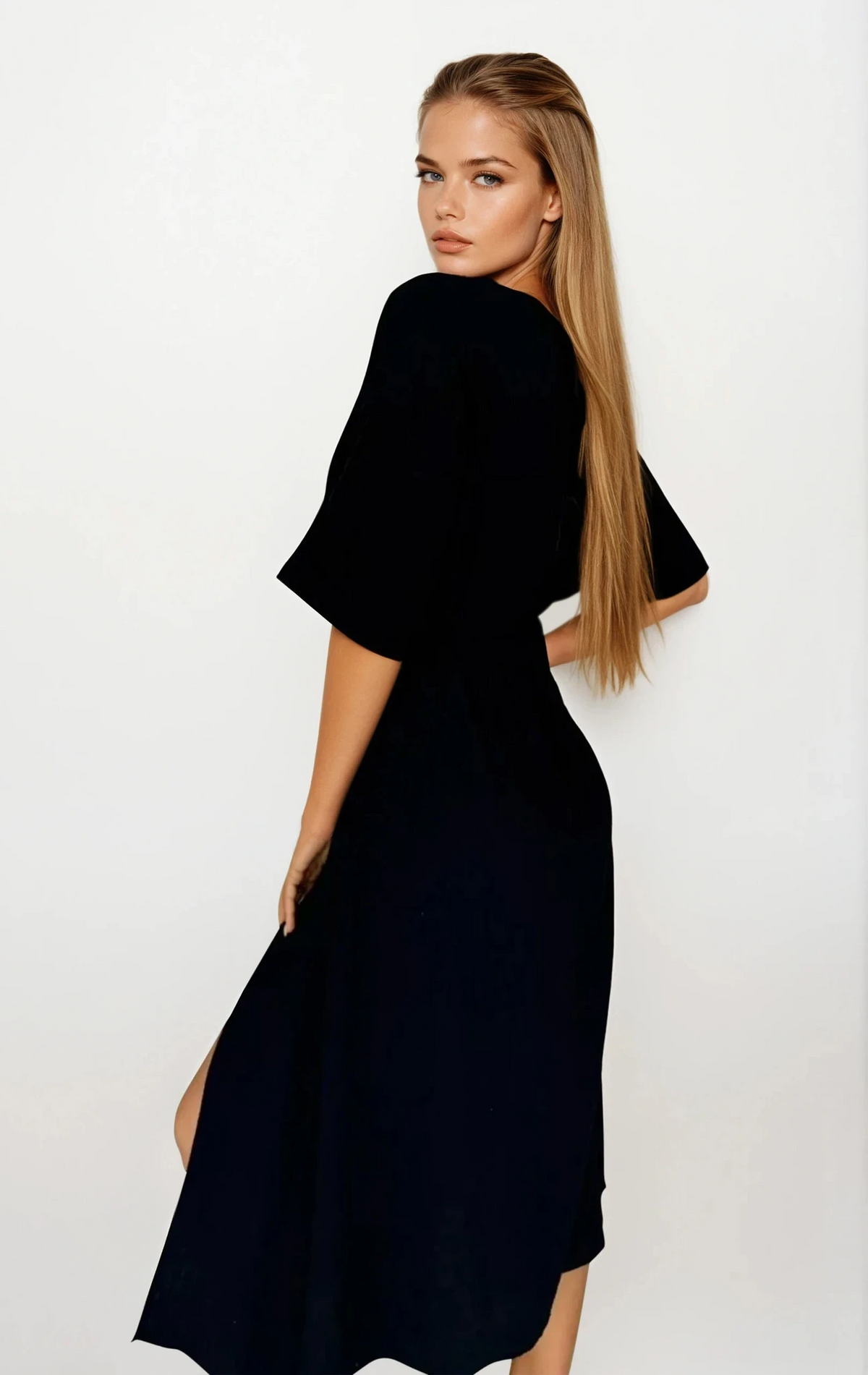 Aurelia slit half sleeve midi dress with surplice neckline and leg slit
