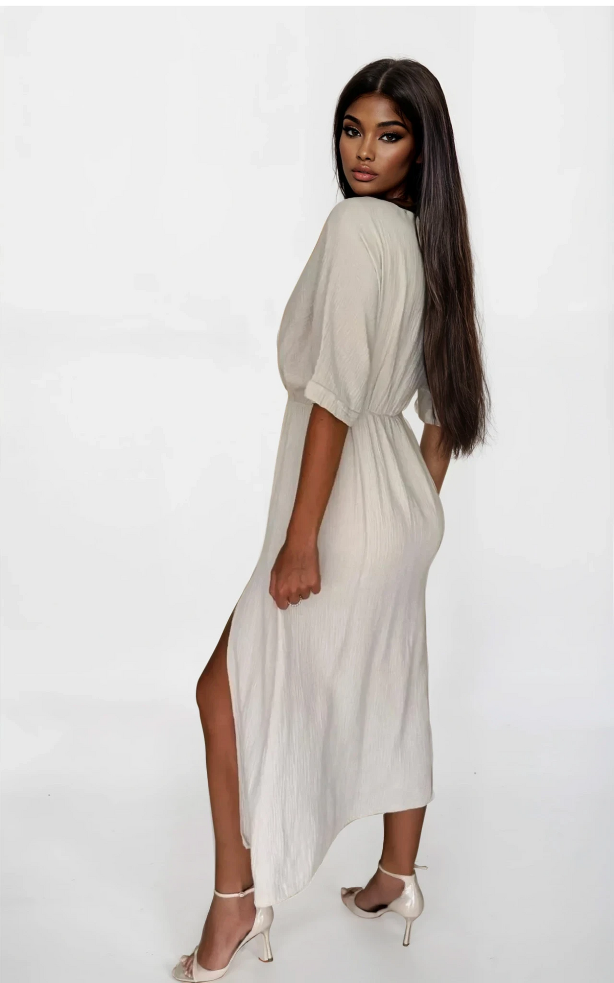 Aurelia slit half sleeve midi dress with surplice neck and leg slit