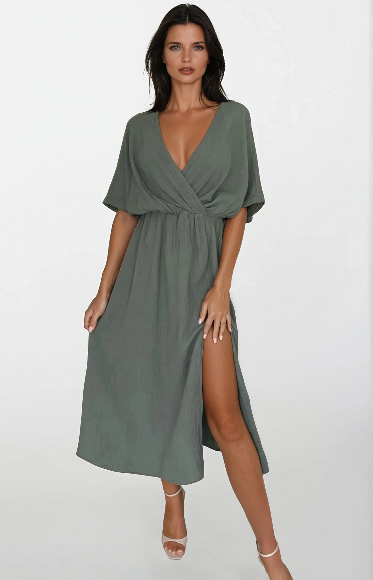 Aurelia slit half sleeve midi dress with surplice neck and leg slit