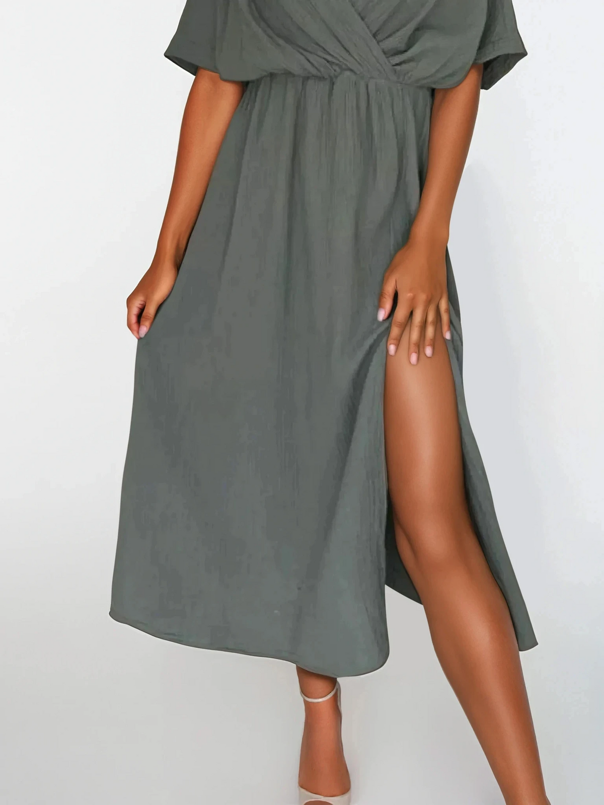 Aurelia slit half sleeve midi dress with surplice neck and leg slit