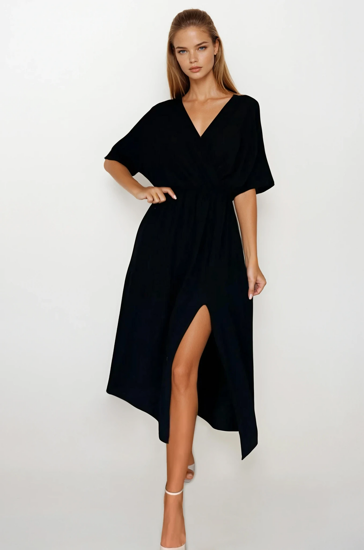 Aurelia slit half sleeve midi dress with surplice neck and leg slit