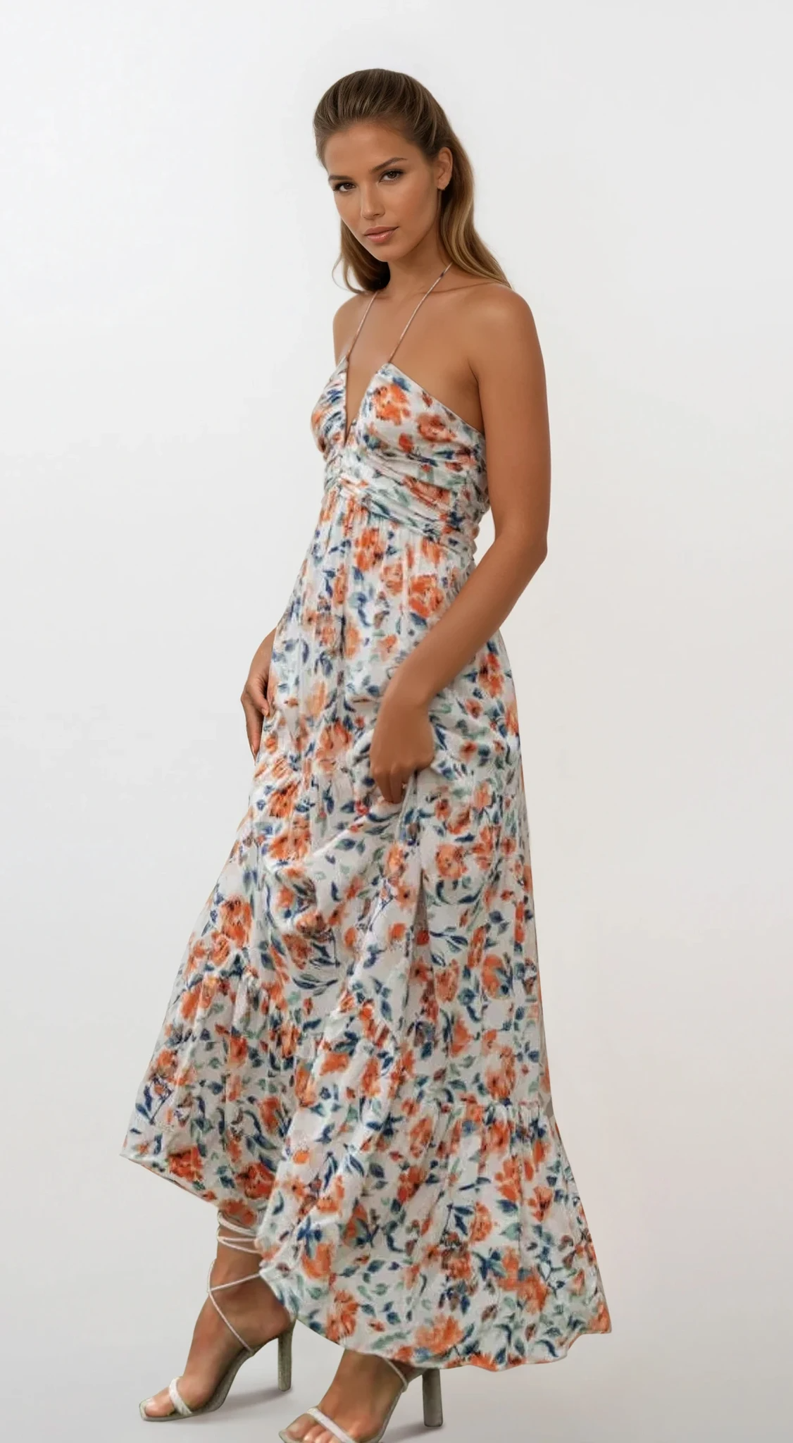 Aven halter neck cami maxi dress with adjustable halter and ruched silhouette