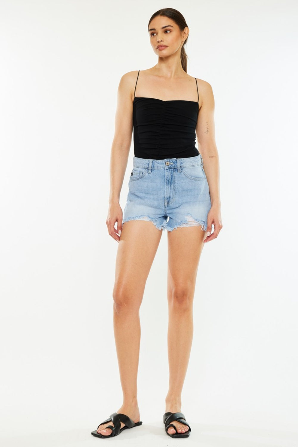 Trendsi signature high-waist raw hem vintage denim shorts with distressed details and classic five-pocket design.