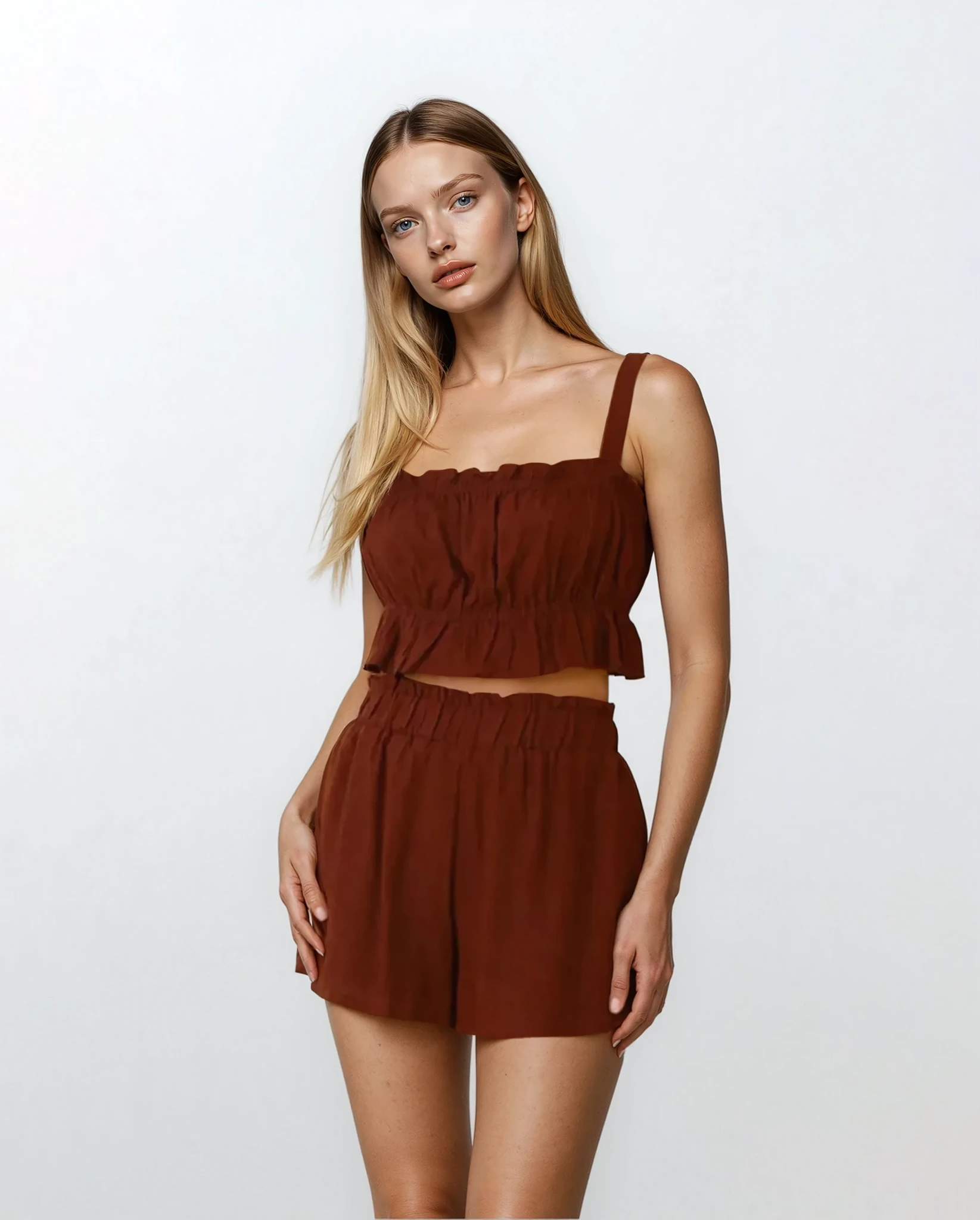 Ines Ruffle Square Neck Cami and Shorts set by Trendsi, featuring ruffled details and a stylish square neckline, in light fabric.