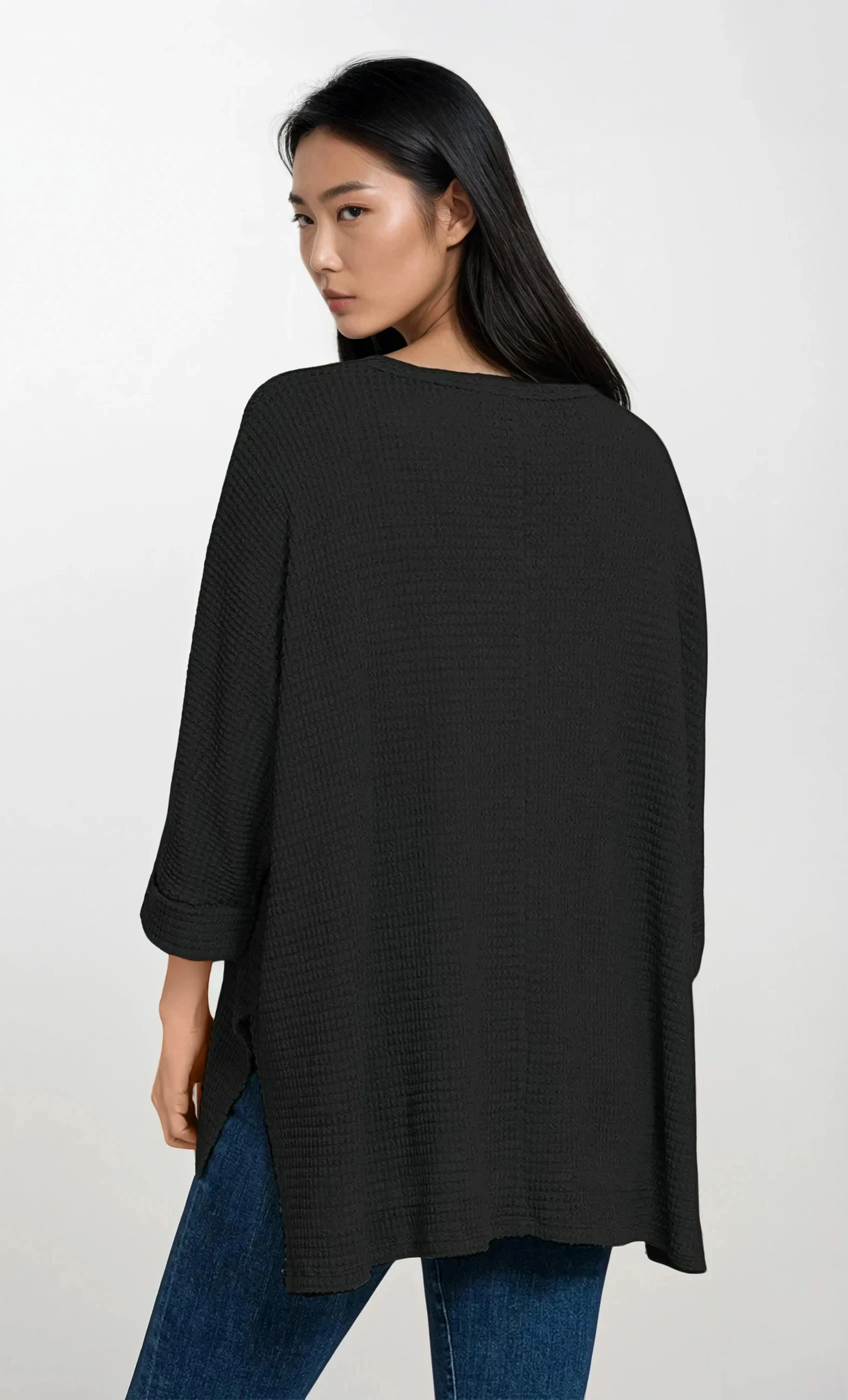 Cozy V-Neck Waffle-Knit Long Sleeve Top