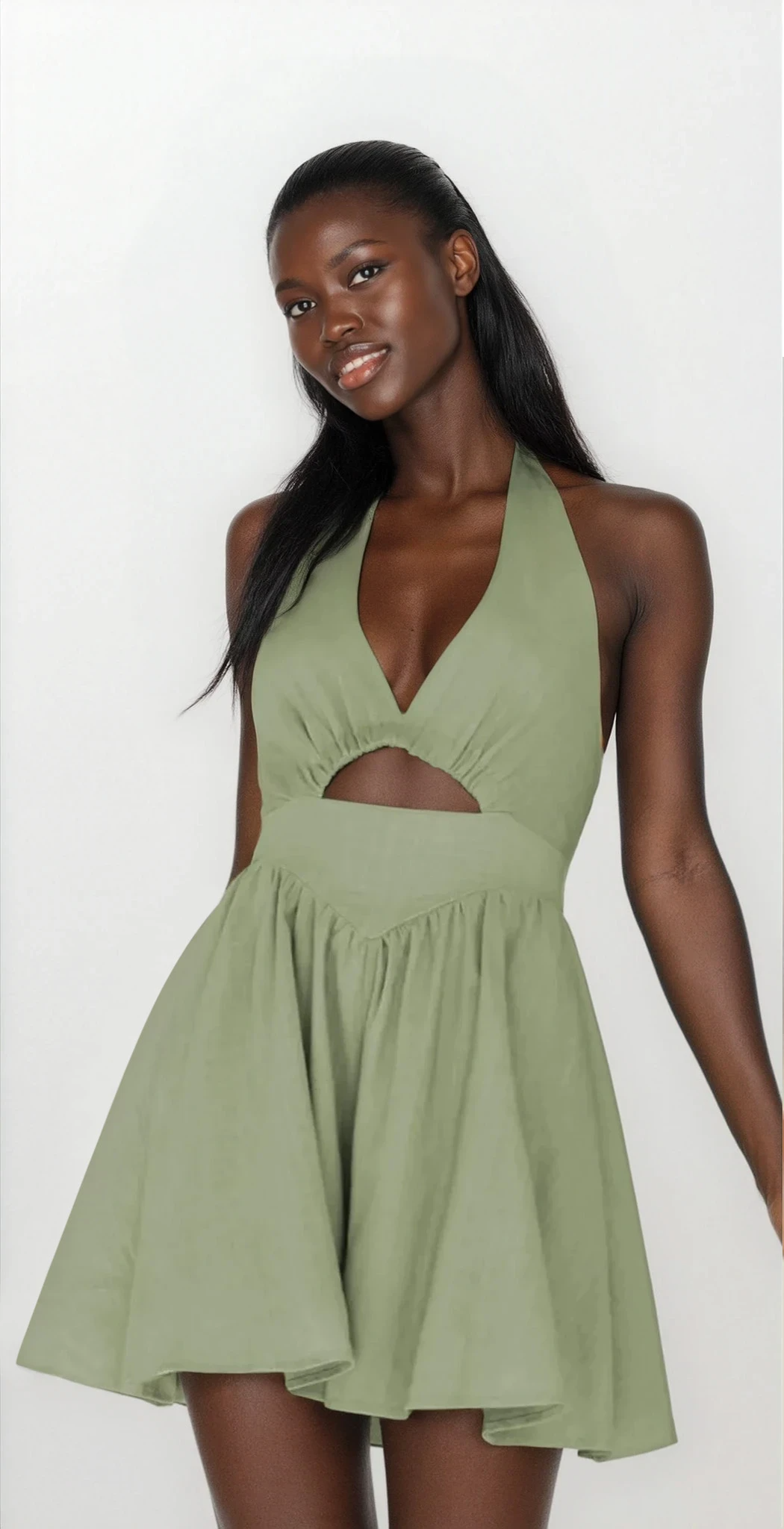 Light blue Lumina Cutout Halter Neck Mini Dress by Trendsi with a fitted silhouette and stylish cutout design.