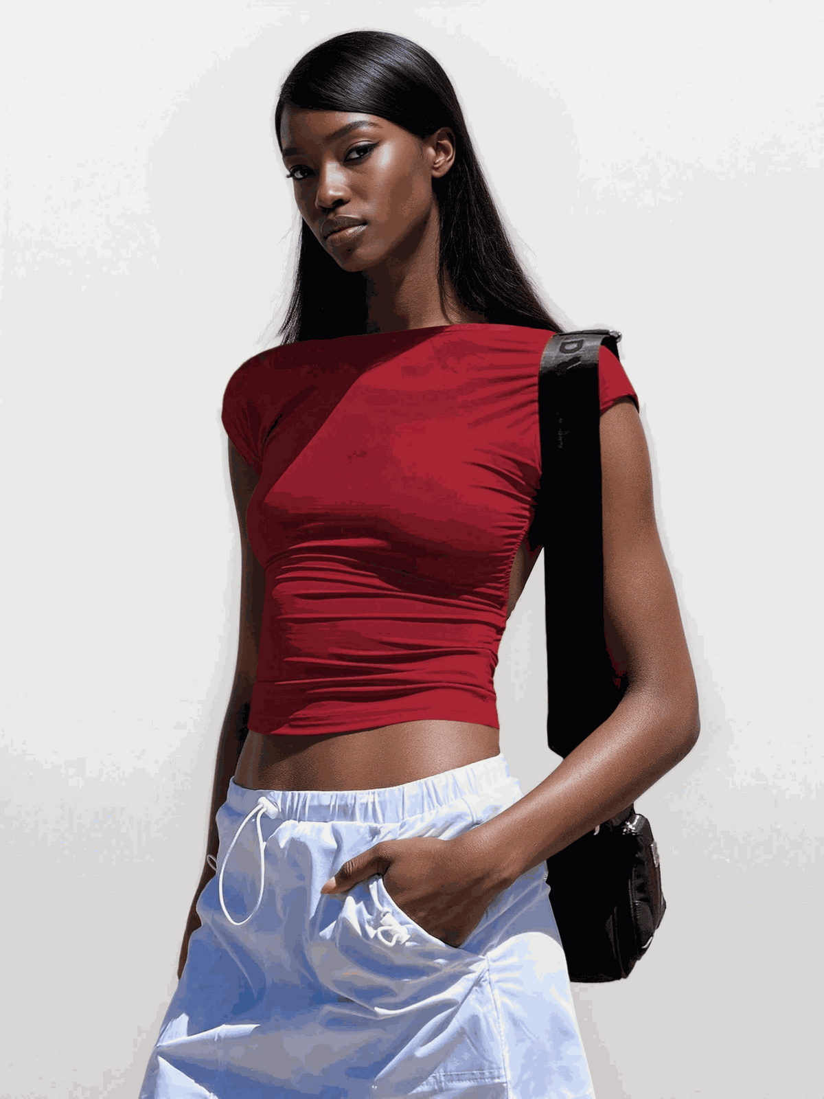 backless short sleeve cropped blouse on mannequin