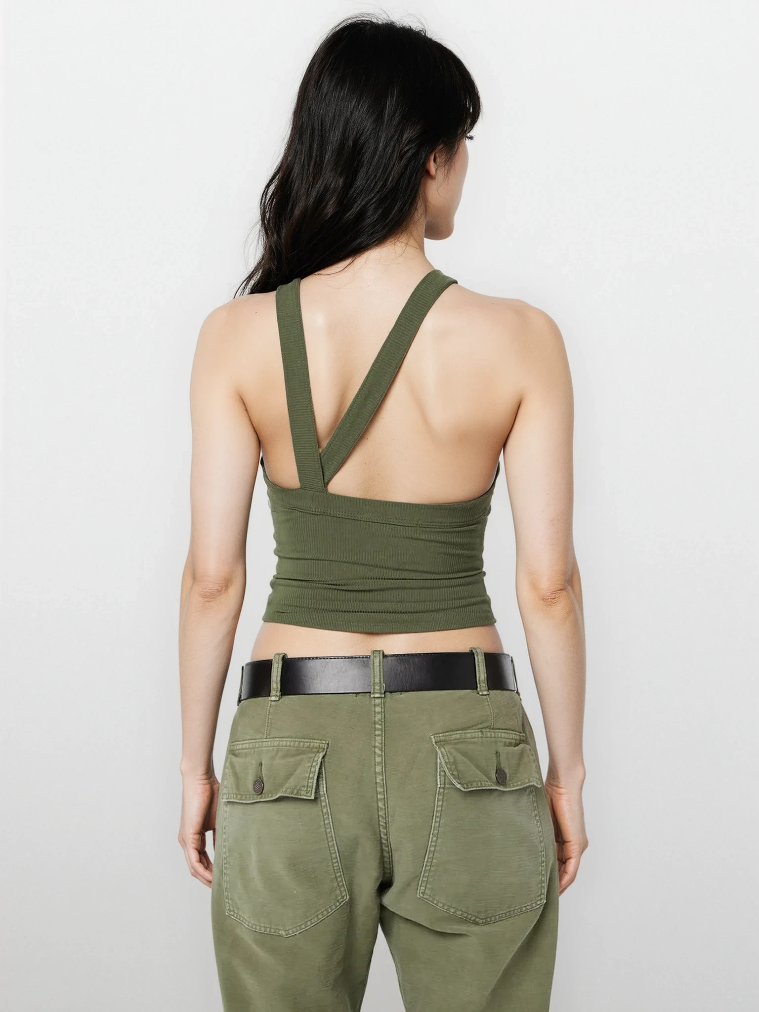 Light gray rib-knit halter neck sleeveless cropped tank top from Trendsi, featuring a fitted halter design and ribbed texture.