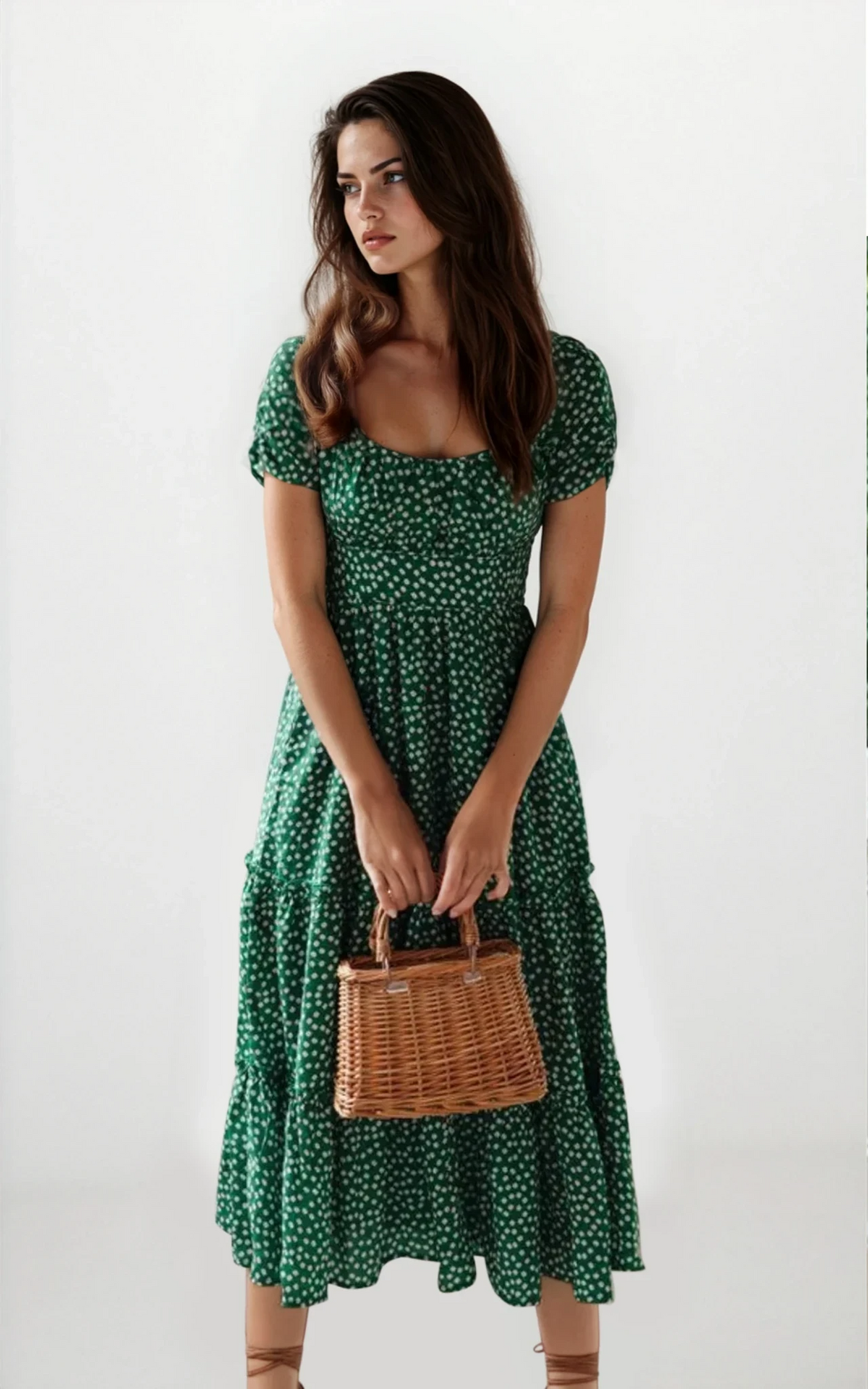 Blossom square neck midi dress with floral pattern and frill detailing