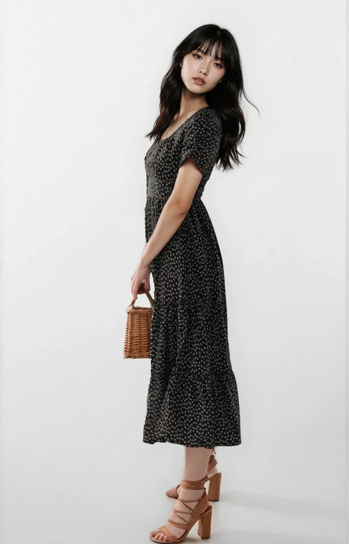 Floral blossom square neck midi dress with frill detailing