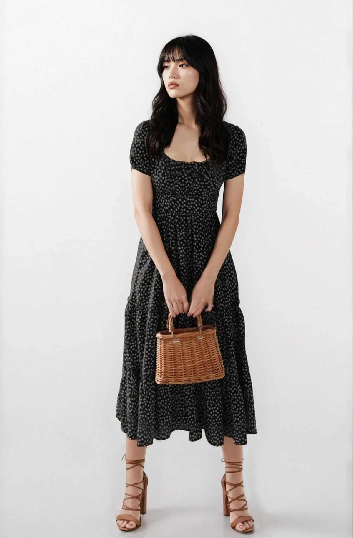 Blossom square neck midi dress with floral pattern and frill detailing