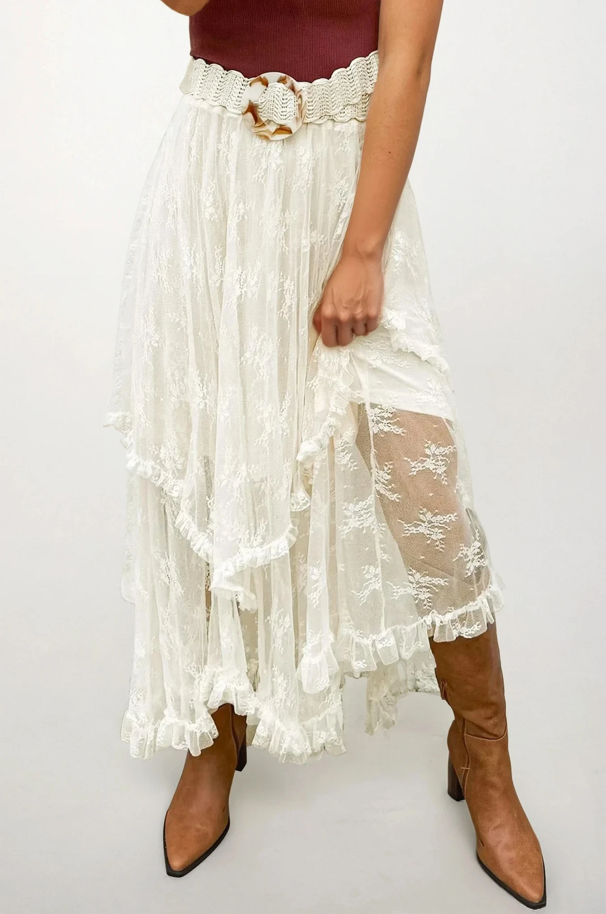 Elegant bohemian lace midi skirt with semi-sheer tiers