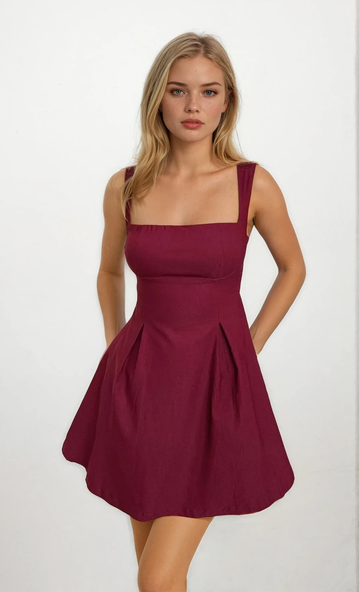 Bow back square neck mini dress in solid pattern showcasing playful mini length