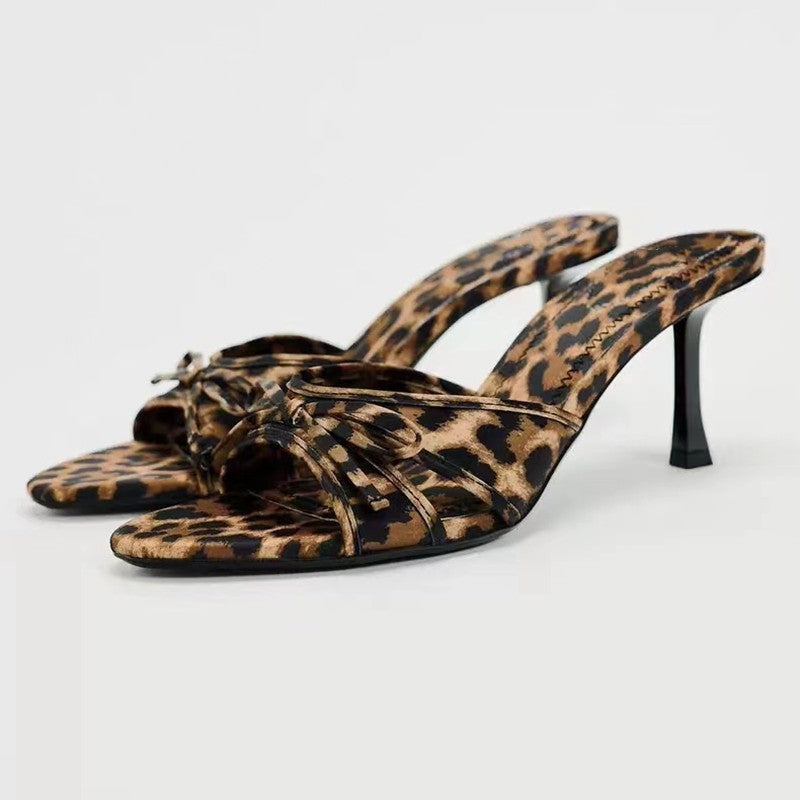 Bow leopard kitten heel sandals with mid-height heel