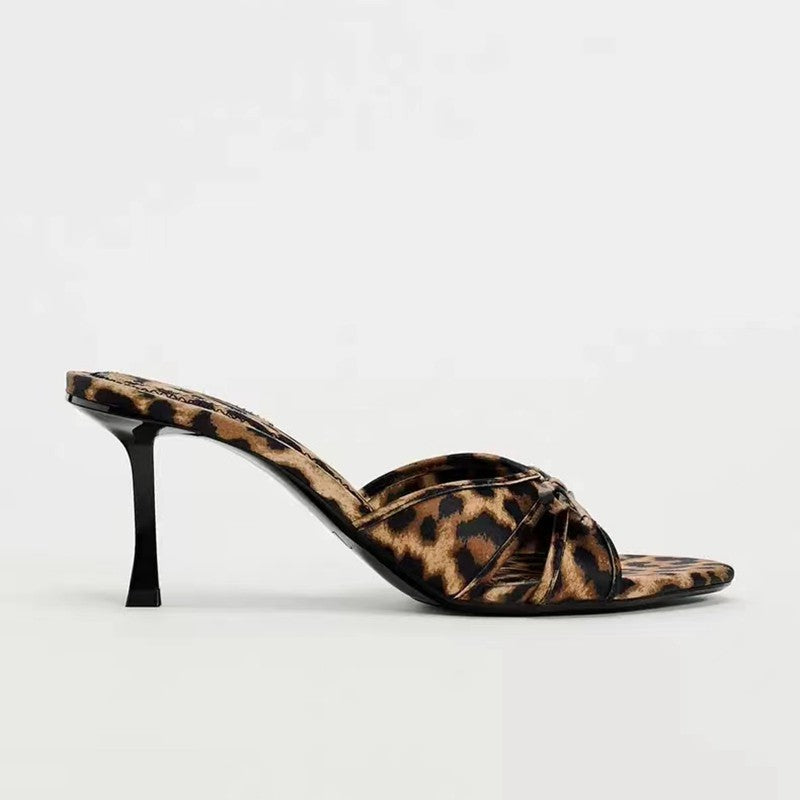 Bow leopard print kitten heel sandals with mid heel and bow detail