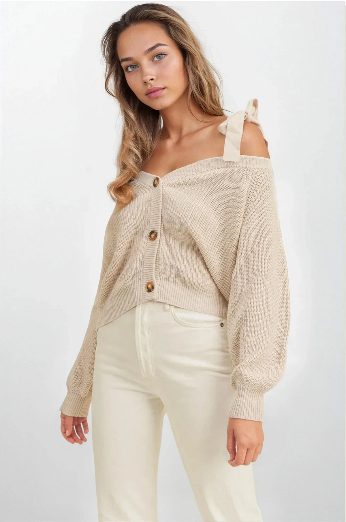 Bow off-shoulder neck rib-knit button-down sweater with bow straps