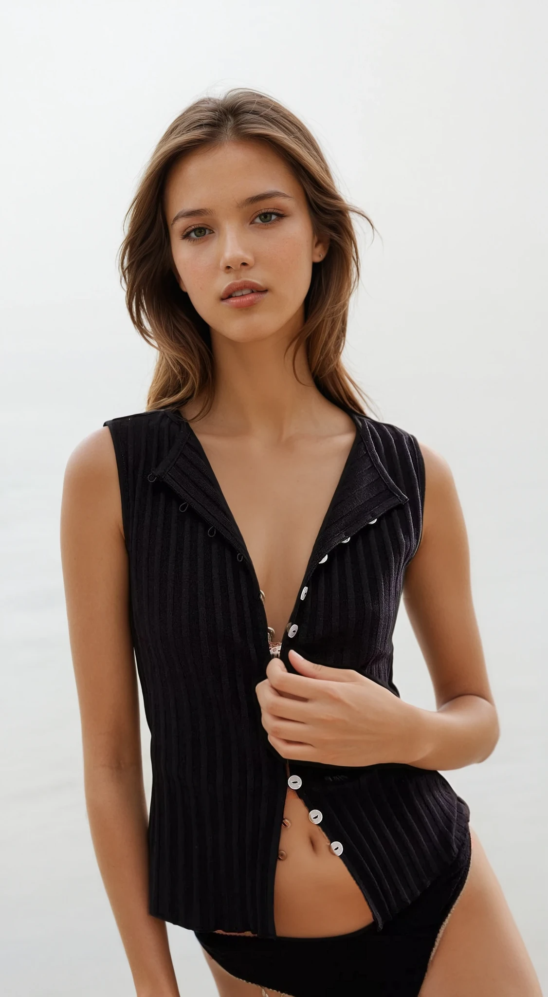 Button-Down Round Neck Sweater Vest solid pattern