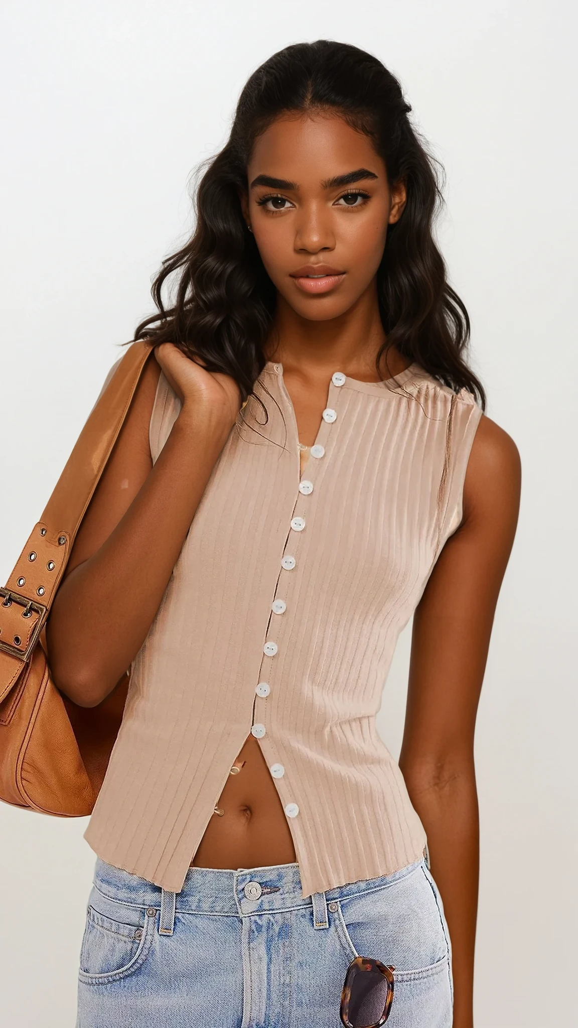 Button-Down Round Neck Sweater Vest solid pattern
