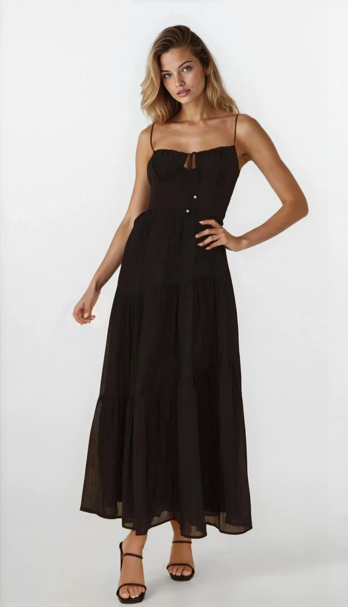 Light-colored Selene Ruched Smocked Back Cami Maxi Dress by Trendsi, featuring a fitted bodice and adjustable straps.
